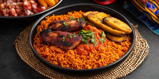 Jollof Rice with Fried Plantains and Grilled Chicken